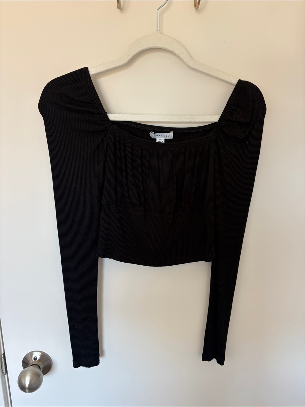 Topshop Black Ribbed Square-Neck Long-Sleeve Crop Top